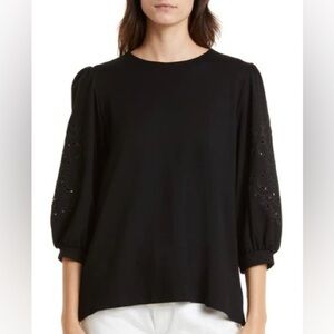 Masai Copenhagen Bonu Floral Eyelet Puff Sleeve Top New! small black 23
